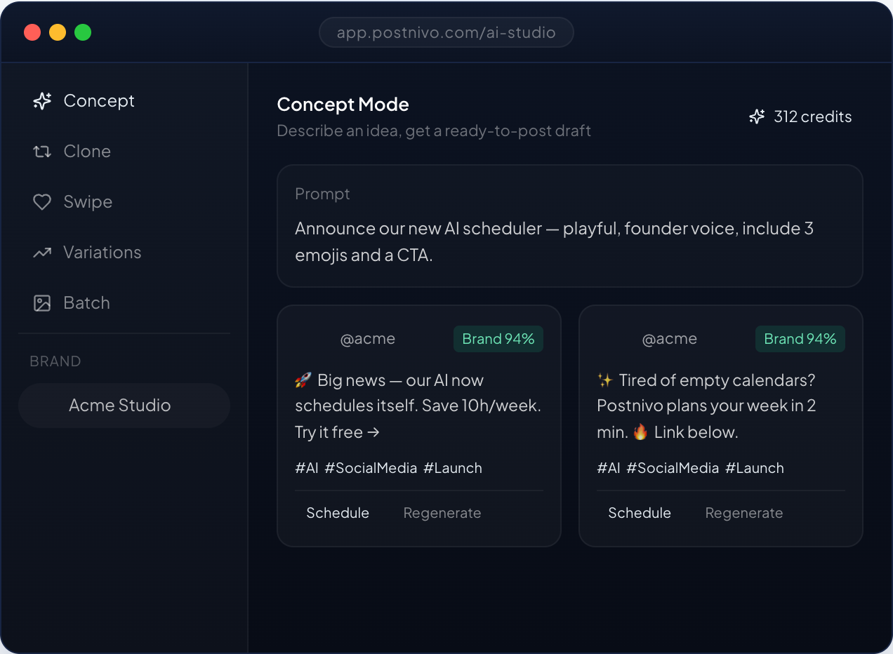 Postnivo — AI Studio (Concept, Clone, Swipe, Variations, Batch)